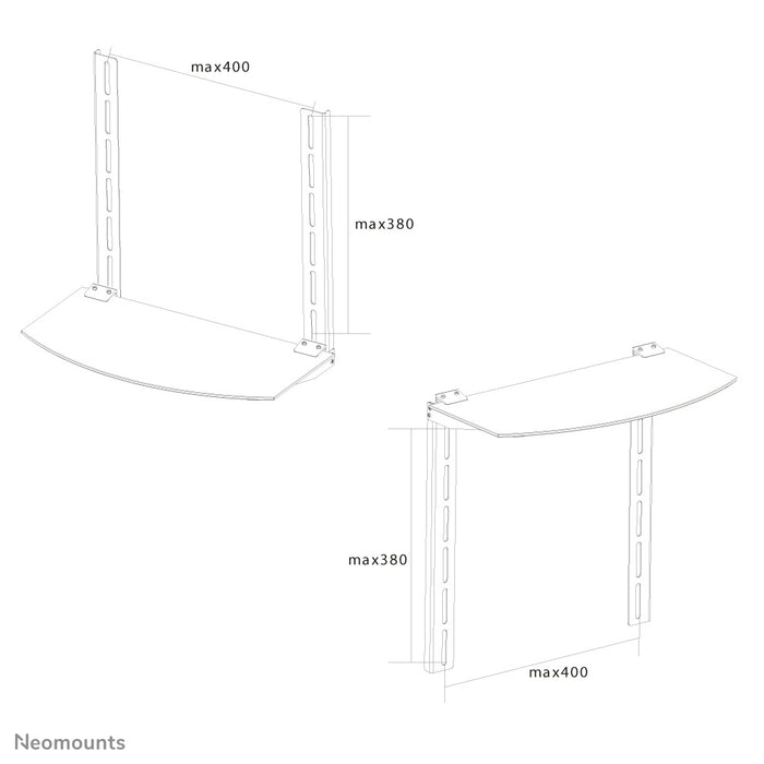 Support AV Neomounts, modèle NS-SHELF100, idéal pour le placement d'équipements AV sous des supports d'écran plat.