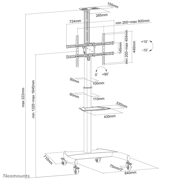 Neomounts PLASMA-M1900E est un meuble mobile pour écrans plats jusqu'à 70 pouces (178 cm), rotation à 90° - Noir