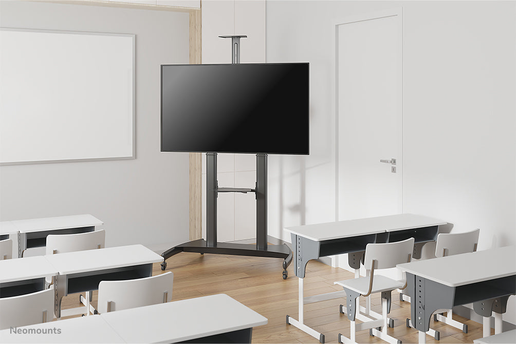 Neomounts PLASMA-M1950E est un meuble mobile pour écrans plats jusqu'à 100 pouces (254 cm). Incl. plateau pour ordinateur portable.