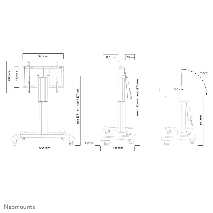 Neomounts PLASMA-M2500T noir est un chariot électrique réglable en hauteur avec fonction d'inclinaison à 90 degrés pour écrans plats jusqu'à 100 pouces.
