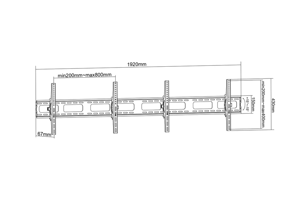 Support mural TV universel double Wolff Mount | Rail de comptoir | 2 écrans | Inclinable | 2 mètres