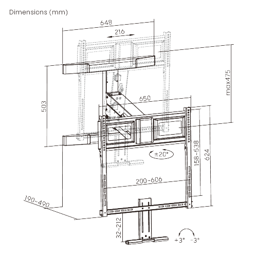 Support TV escamotable – Pivotant – Réglage hauteur 47 cm – Compatible jusqu'à 86 pouces