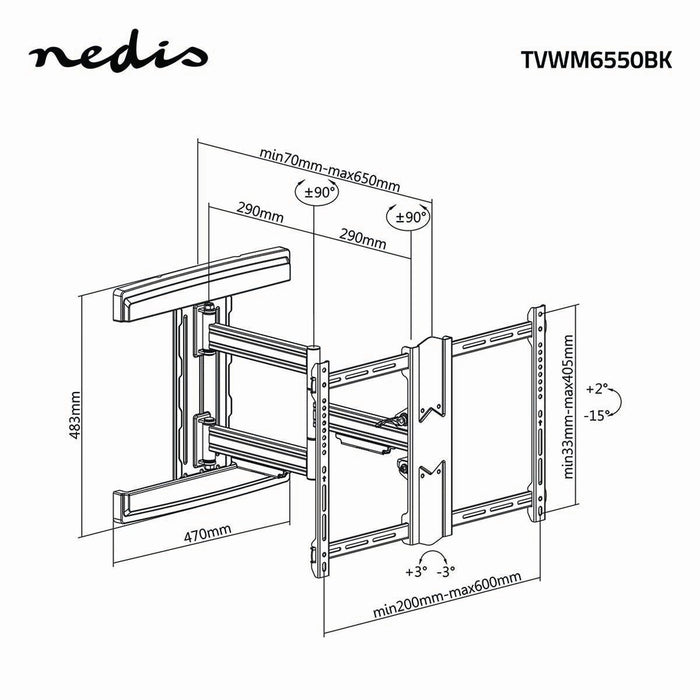 Support mural TV à mouvement complet | 37 - 80" | Max. 50 kg | 3 points d'articulation