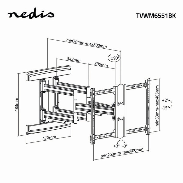 Support mural TV à mouvement complet | 37 - 80" | Max. 70 kg | 6 points d'articulation