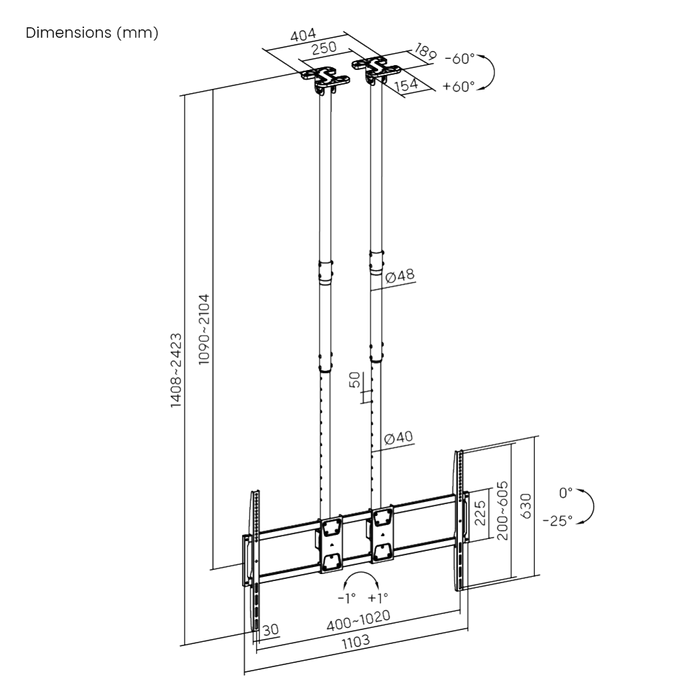 Support de plafond Heavy Duty XL avec double tube 60-120 pouces et capacité de charge de 120 kg