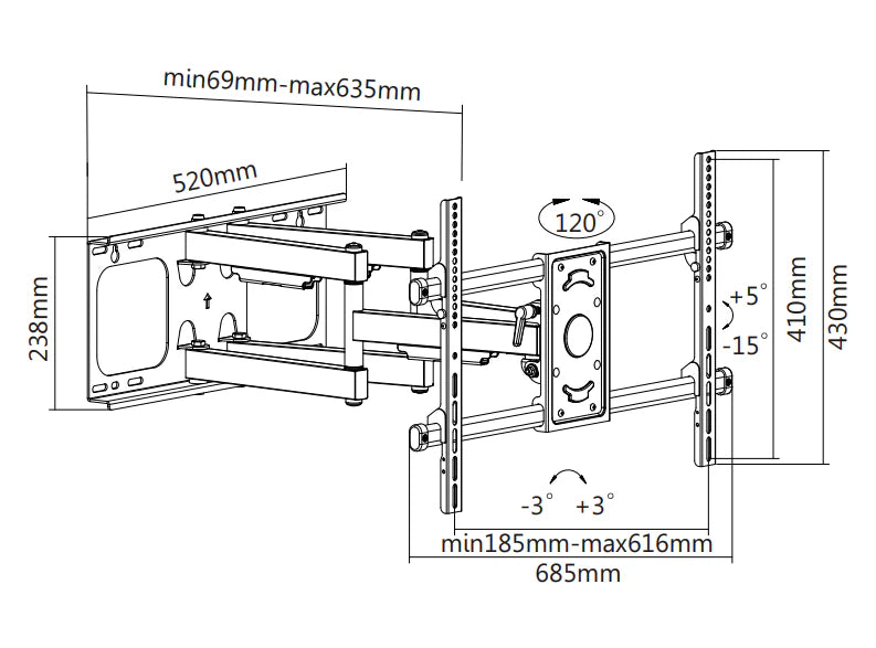 Support mural TV Wolff Mount Sterke 37 à 90 pouces | 63 cm du mur | Pivotant | jusqu'à 60 kilos | VESA 600x400 | Universel