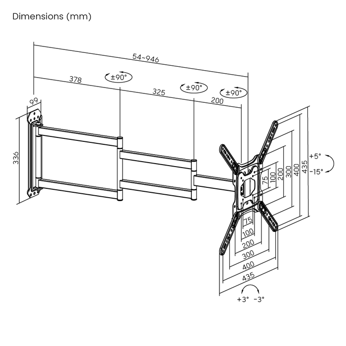 Support mural TV Full-Motion extra long jusqu'à 65 pouces pour Samsung | Jusqu'à 95 cm du mur ! | VESA max 400x400