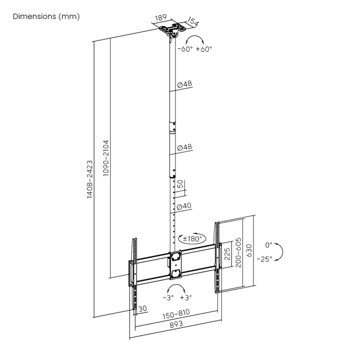 Support de plafond Wolff Mount 50-100 pouces – Universel pour Samsung, Philips, LG, TCL & Hisense