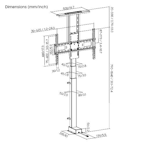 Wolff Mount Ascenseur TV électrique vertical jusqu'à 80 pouces d'écran | Soulève jusqu'à 60 kilos | avec application, commande vocale et télécommande