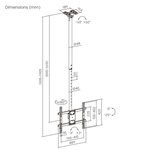 Wolff Mount Support TV universel pour plafond – 32 à 55 pouces – Orientable et inclinable – Convient également aux plafonds inclinés